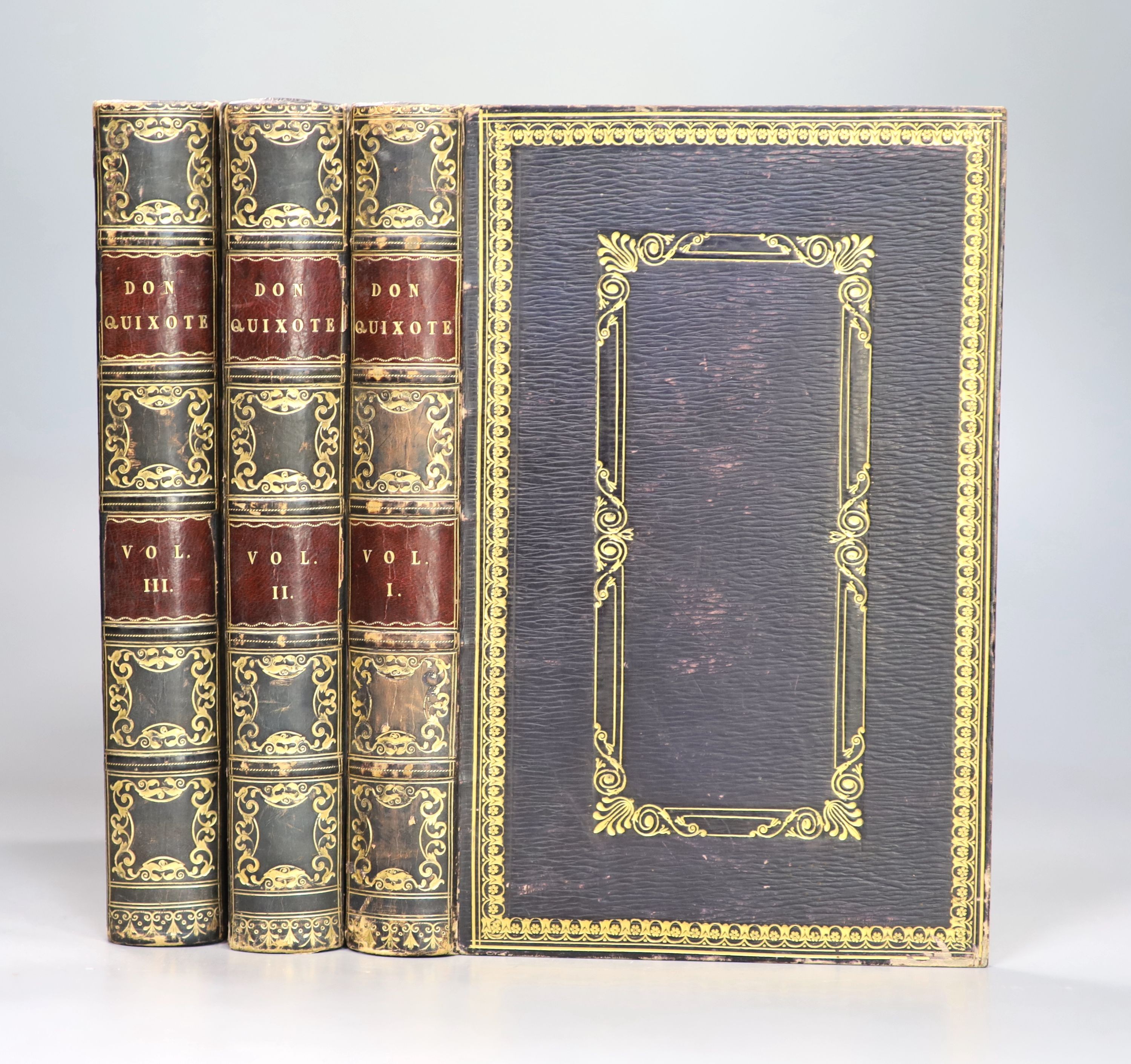 Cervantes, Miguel, de Saavedra - Don Quixote de la Mancha, 3 vols, 8vo, straight grained morocco gilt, translated by Charles Jarvis, illustrated by Tony Johannot, Joseph Finch, London, 1840